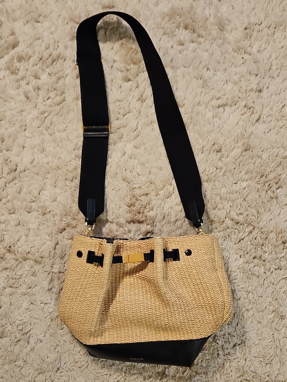 DeMellier Straw Shoulder Bag with Black Strap and Gold Accent